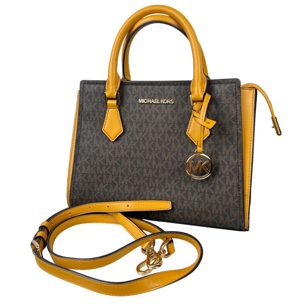 Michael Kors Yellow Leather And Brown Monogram Canvas Hope Satchel